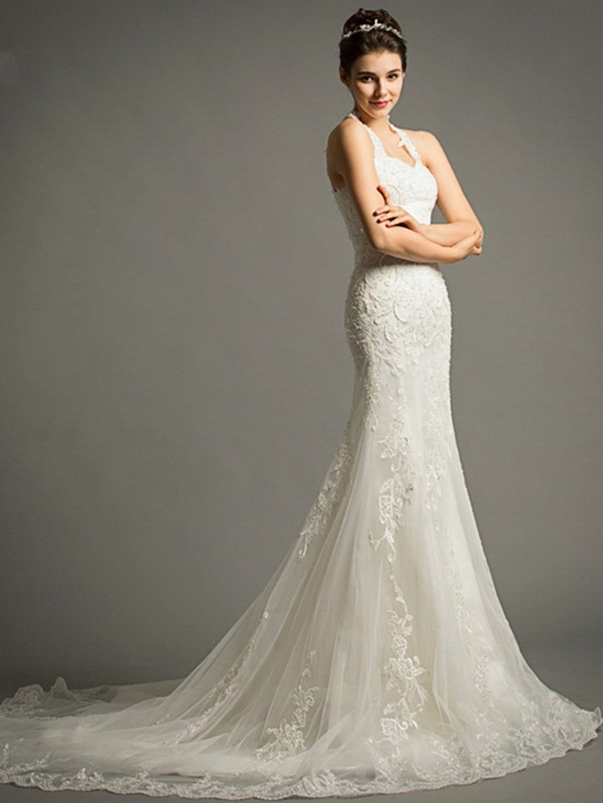 Sexy Mermaid Halter Court Train Tulle Wedding Dress With Appliques Lace ...