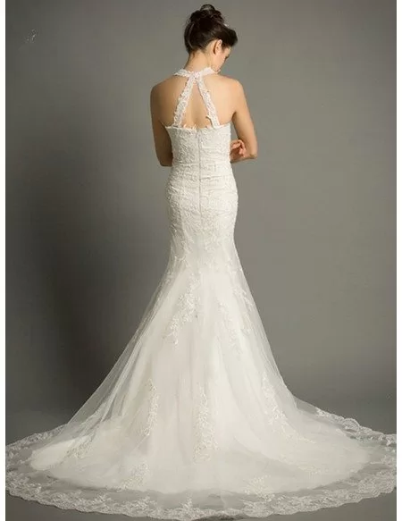 Sexy Mermaid Halter Court Train Tulle Wedding Dress With Appliques Lace