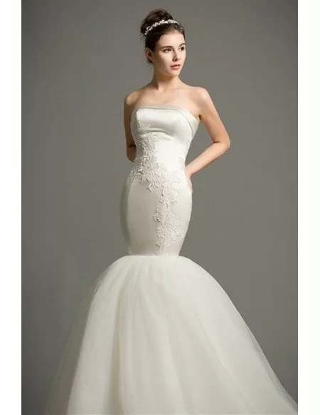 Dreamy Mermaid Strapless Cathedral Train Satin Tulle Wedding Dress # ...