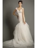 Modern Mermaid V-neck Court Train Tulle Wedding Dress With Ruffle