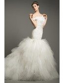 Luxury Mermaid Off-the-shoulder Cathedral Train Tulle Wedding Dress With Cascading Ruffle