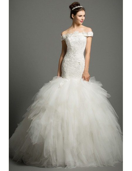 Luxury Mermaid Off-the-shoulder Cathedral Train Tulle Wedding Dress With Cascading Ruffle