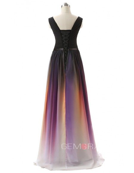 V-neck Long Chiffon Empire Ombre Color Prom Dress with Sash