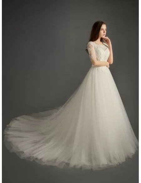 Romantic Ball-gown Scoop Neck Cathedral Train Tulle Wedding Dress With ...