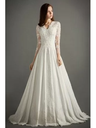 Classic A-line V-neck Cathedral Train Lace Satin Wedding Dress With Sleeves