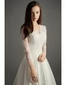 Classic A-line V-neck Cathedral Train Lace Satin Wedding Dress With Sleeves