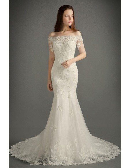 Classic Mermaid Off-the-shoulder Sweep Train Tulle Wedding Dress With Appliques Lace