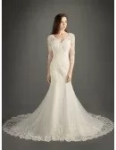 Modest Mermaid V-neck Chapel Train Tulle Wedding Dress With Appliques Lace