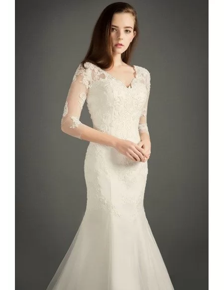 Modest Mermaid V-neck Chapel Train Tulle Wedding Dress With Appliques Lace