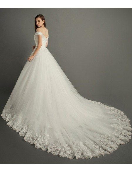 Luxury Ball-gown Off-the-shoulder Cathedral Train Tulle Wedding Dress
