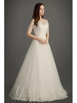 Modest A-line Scoop Neck Floor-length Tulle Wedding Dress With Appliques Lace