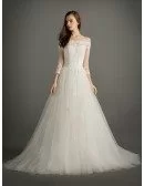 Elegant Ball-gown Off-the-shoulder Court Train Tulle Wedding Dress With Sleeves