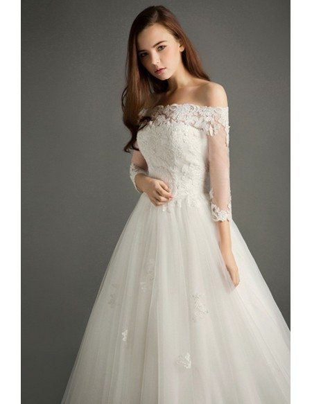 Elegant Ball-gown Off-the-shoulder Court Train Tulle Wedding Dress With Sleeves
