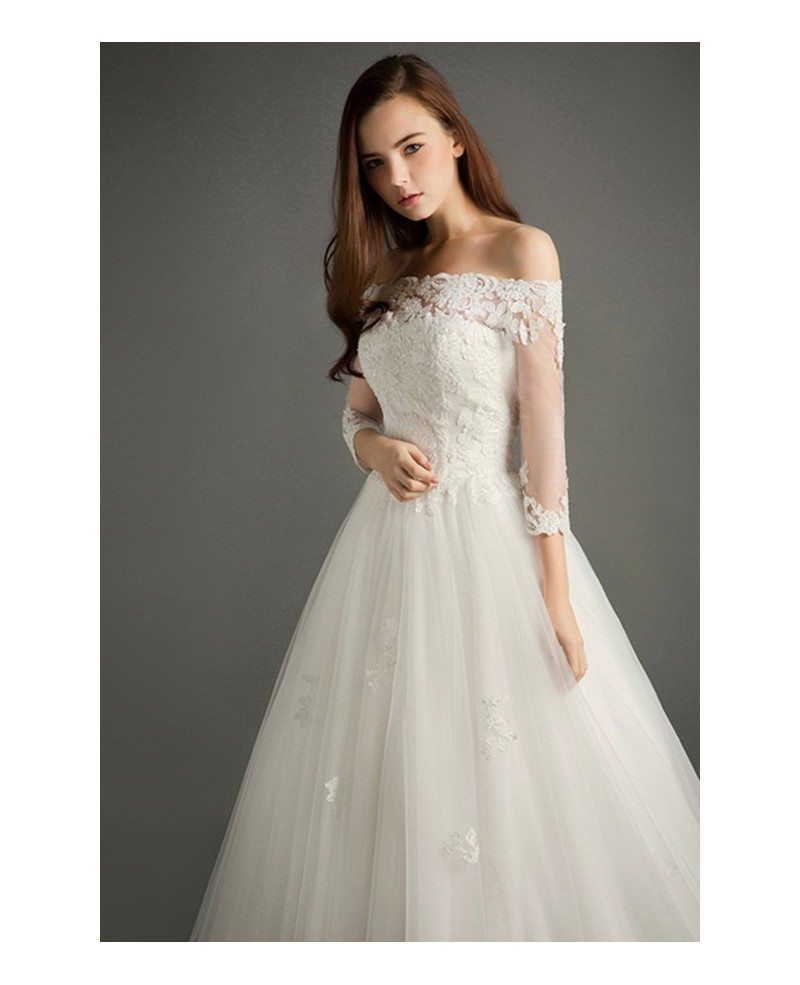 Elegant Ball gown Off the shoulder Court Train Tulle Wedding Dress With Sleeves TZ067 360