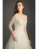 Feminine A-line V-neck Court Train Tulle Wedding Dress With Sleeves