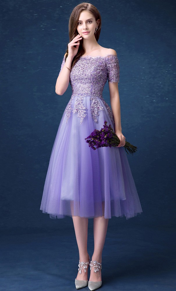 Modest Cheap Homecoming Dresses Purple Off the Shoulder Tea Length ...