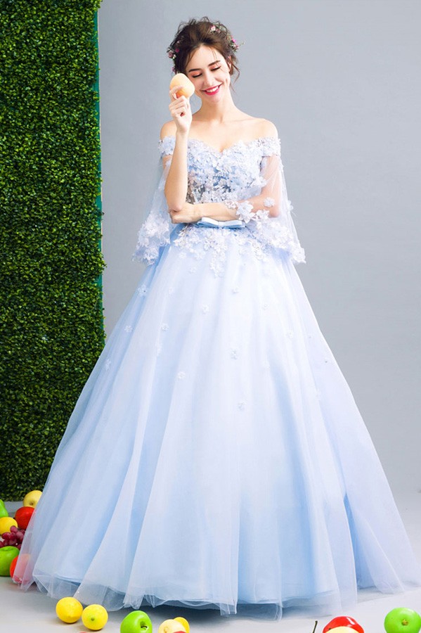 Blue Ball Gown Off The Shoulder Floor Length Tulle Wedding Dress