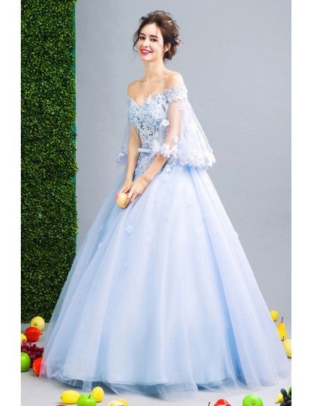 Blue Ball-gown Off-the-shoulder Floor-length Tulle Wedding Dress With Flowers