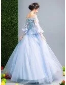 Blue Ball-gown Off-the-shoulder Floor-length Tulle Wedding Dress With Flowers