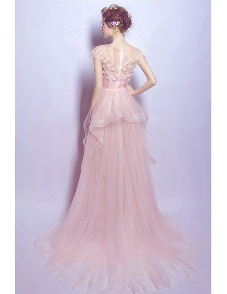 Blush A-line Scoop Neck Sweep Train Tulle Wedding Dress With Beading