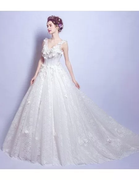 Dreamy Ball-gown V-neck Court Train Tulle Wedding Dress With Flowers
