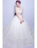 Dreamy Ball-gown V-neck Court Train Tulle Wedding Dress With Flowers