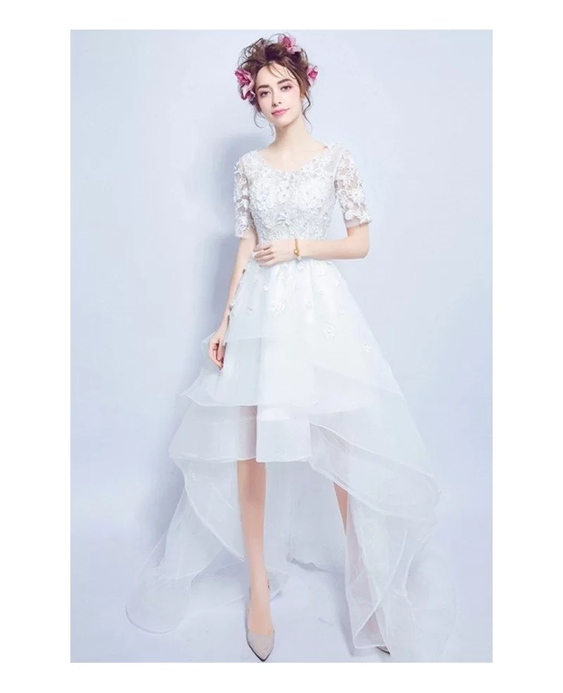 Cheap Beach High Low Wedding Dresses With Sleeves Special Scoop Neck Tulle Style With Short Sleeves Tj008 149 Gemgrace Com