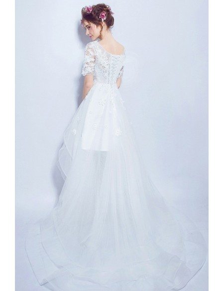 Special High Low Scoop Neck Tulle Wedding Dress With Short Sleeves