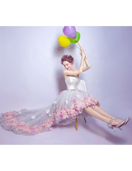 Dreamy High Low Sweetheart Tulle Wedding Dress With Flowers