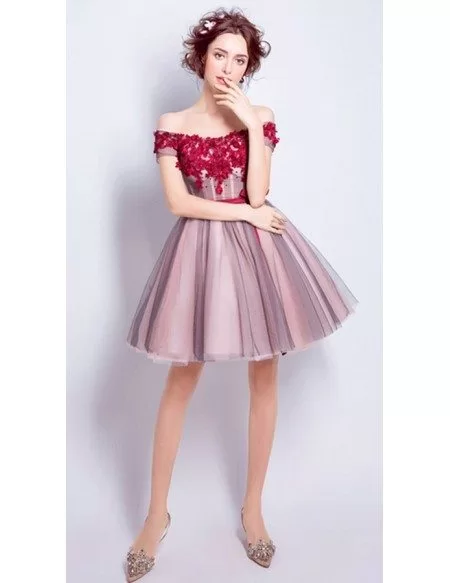 Lovely A-line Off-the-shoulder Short Tulle Formal Dress With Flowers