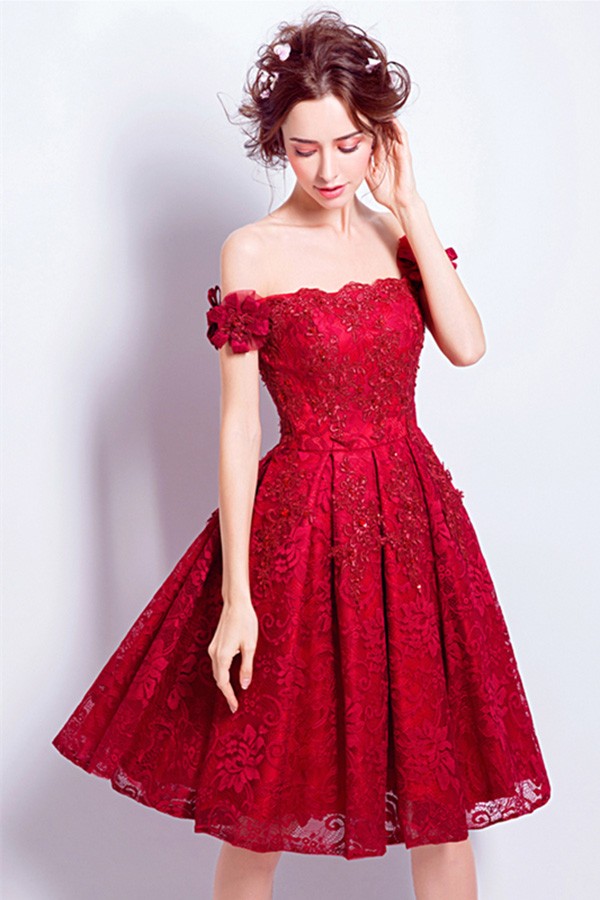 Off The Shoulder Red Short Wedding Dresses Lace Reception A Line Style With Beading TJ014 119