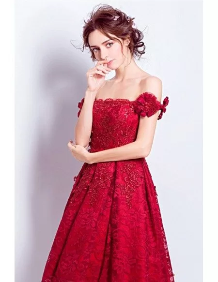 Red A-line Off-the-shoulder Short Lace Wedding Dress With Beading