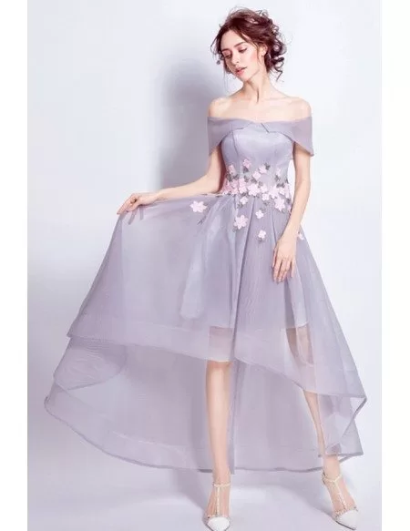 Lavender High Low Off-the-shoulder Tulle Wedding Dress With Flowers
