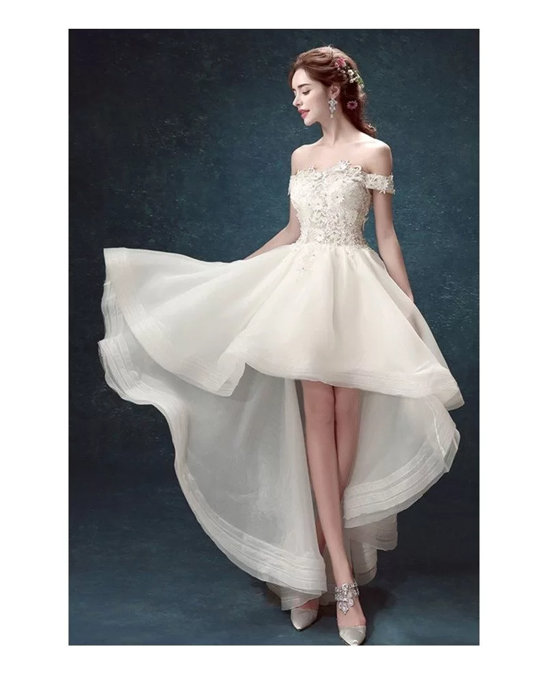 Off Shoulder High Low Wedding Dresses Tulle Ruffles Chic