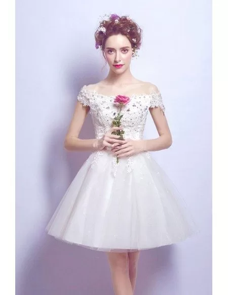 Sweet A-line Off-the-shoulder Short Tulle Wedding Dress With Beading
