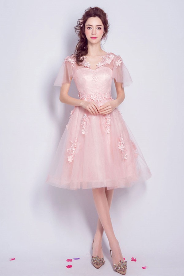 Pink Homecoming Party Dresses Knee Length Flowy Tulle A Line With Flowers Tj020 109 