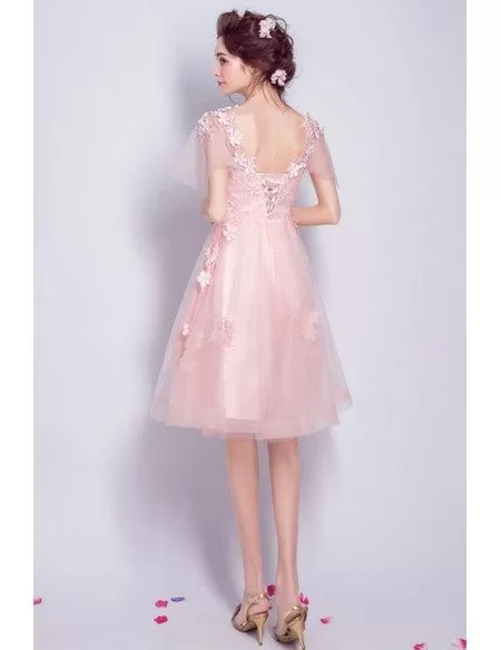 Pink A-line V-neck Knee-length Tulle Formal Dress With Flowers