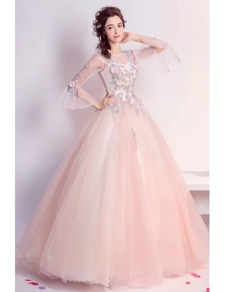 Pink Ball-gown Scoop Neck Floor-length Tulle Wedding Dress With Beading