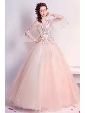 Pink Ball-gown Scoop Neck Floor-length Tulle Wedding Dress With Beading
