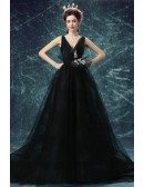 Black Ball-gown V-neck Court Train Tulle Wedding Dress With Open Back