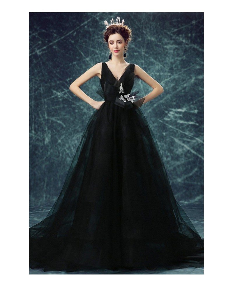 Black Sequin Petals Long Train Mermaid Prom Dress - Promfy