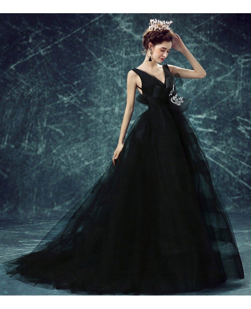 Black Ball-gown V-neck Court Train Tulle Wedding Dress With Open Back #