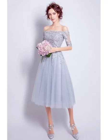 Romantic A-line Off-the-shoulder Tea-length Tulle Formal Dress With Lace