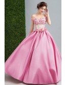 Pink Ball-gown Off-the-shoulder Floor-length Satin Wedding Dress With Beading