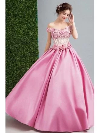 Pink Ball-gown Off-the-shoulder Floor-length Satin Wedding Dress With Beading