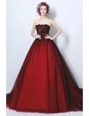 Goth Ball-gown Strapless Cathedral Train Tulle Wedding Dress With Appliques Lace