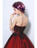 Goth Ball-gown Strapless Cathedral Train Tulle Wedding Dress With Appliques Lace