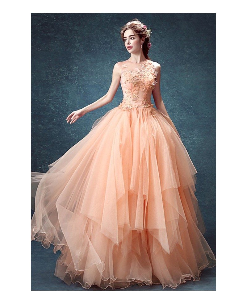 Peach Ball gown High Neck Floor length Tulle Wedding Dress With Flowers TJ028 219 GemGrace