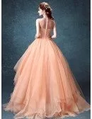 Peach Ball-gown High Neck Floor-length Tulle Wedding Dress With Flowers