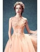 Peach Ball-gown High Neck Floor-length Tulle Wedding Dress With Flowers
